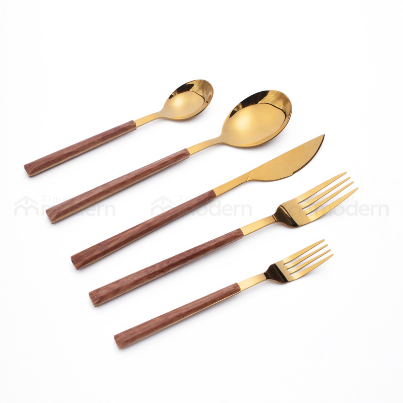 Stainless Steel Silver Gold Fork, Spoon, Knife Flatware Set of 5 Imitation Wood Handle (9).jpg