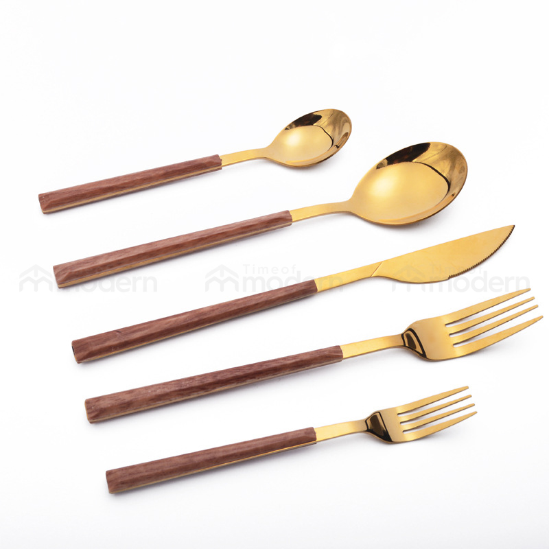 Stainless Steel Silver Gold Fork, Spoon, Knife Flatware Set of 5 Imitation Wood Handle (8).jpg