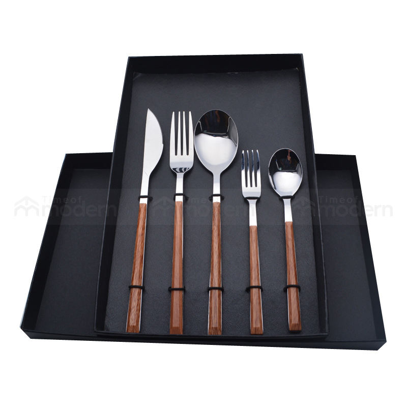 Stainless Steel Silver Gold Fork, Spoon, Knife Flatware Set of 5 Imitation Wood Handle (25).jpg