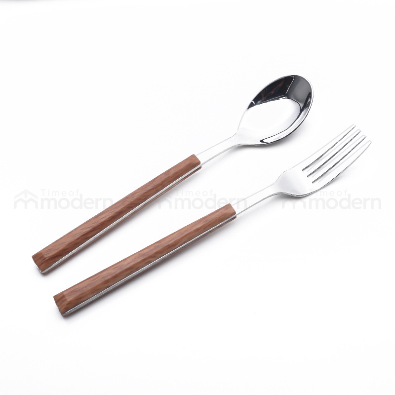 Stainless Steel Silver Gold Fork, Spoon, Knife Flatware Set of 5 Imitation Wood Handle (17).jpg