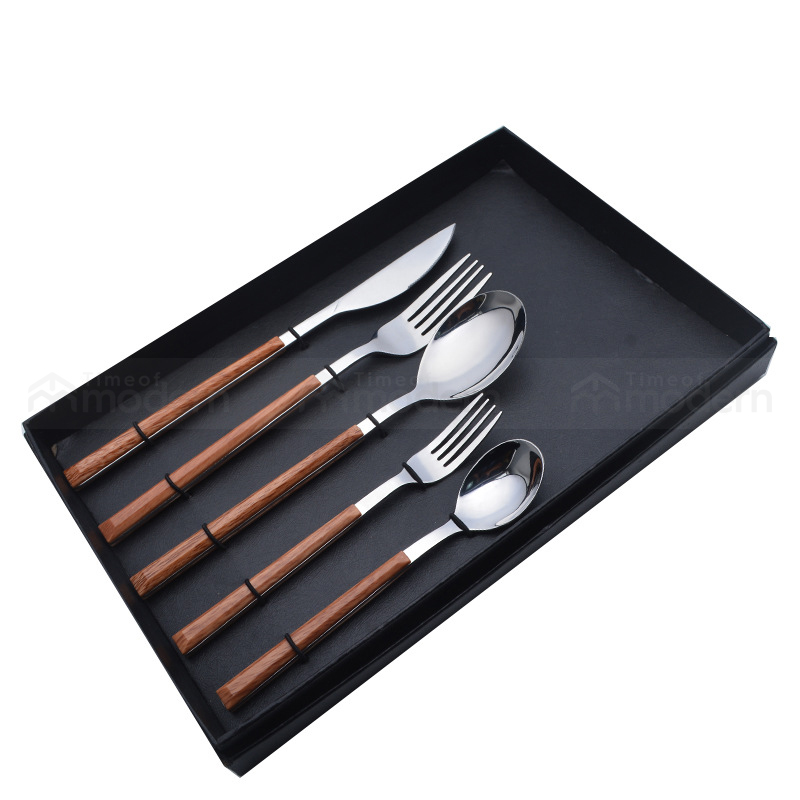 Stainless Steel Silver Gold Fork, Spoon, Knife Flatware Set of 5 Imitation Wood Handle (24).jpg