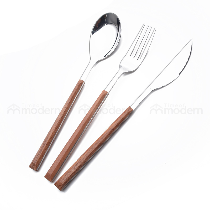 Stainless Steel Silver Gold Fork, Spoon, Knife Flatware Set of 5 Imitation Wood Handle (18).jpg
