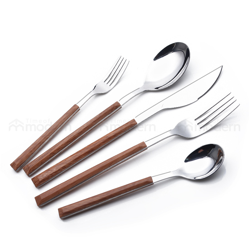 Stainless Steel Silver Gold Fork, Spoon, Knife Flatware Set of 5 Imitation Wood Handle (10).jpg