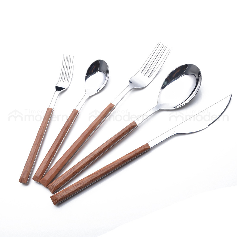 Stainless Steel Silver Gold Fork, Spoon, Knife Flatware Set of 5 Imitation Wood Handle (21).jpg
