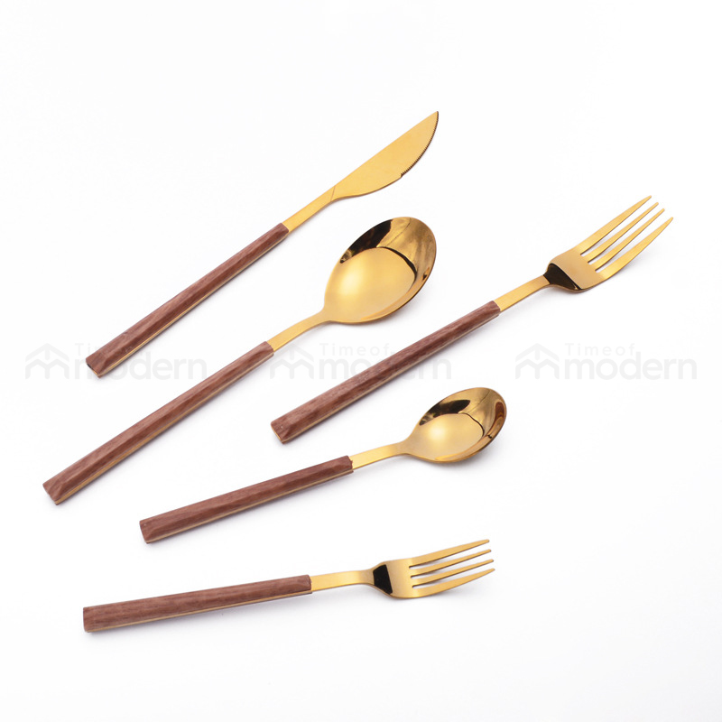 Stainless Steel Silver Gold Fork, Spoon, Knife Flatware Set of 5 Imitation Wood Handle (4).jpg