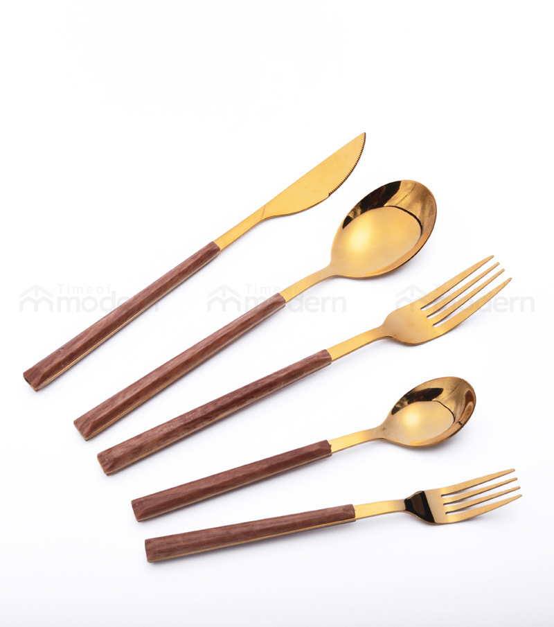 Stainless Steel Silver Gold Fork, Spoon, Knife Flatware Set of 5 Imitation Wood Handle (3).jpg