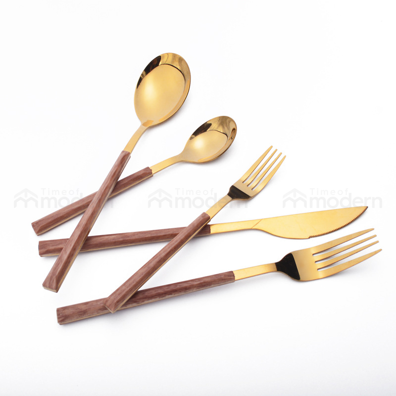 Stainless Steel Silver Gold Fork, Spoon, Knife Flatware Set of 5 Imitation Wood Handle (6).jpg