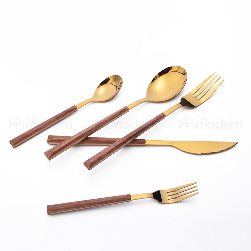 Stainless Steel Silver Gold Fork, Spoon, Knife Flatware Set of 5 Imitation Wood Handle (7).jpg