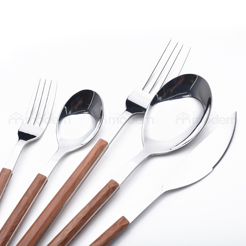 Stainless Steel Silver Gold Fork, Spoon, Knife Flatware Set of 5 Imitation Wood Handle (12).jpg