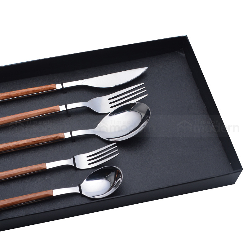 Stainless Steel Silver Gold Fork, Spoon, Knife Flatware Set of 5 Imitation Wood Handle (22).jpg