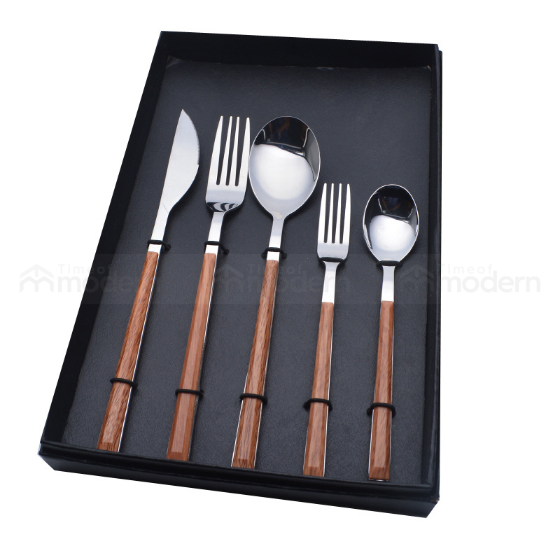 Stainless Steel Silver Gold Fork, Spoon, Knife Flatware Set of 5 Imitation Wood Handle (23).jpg