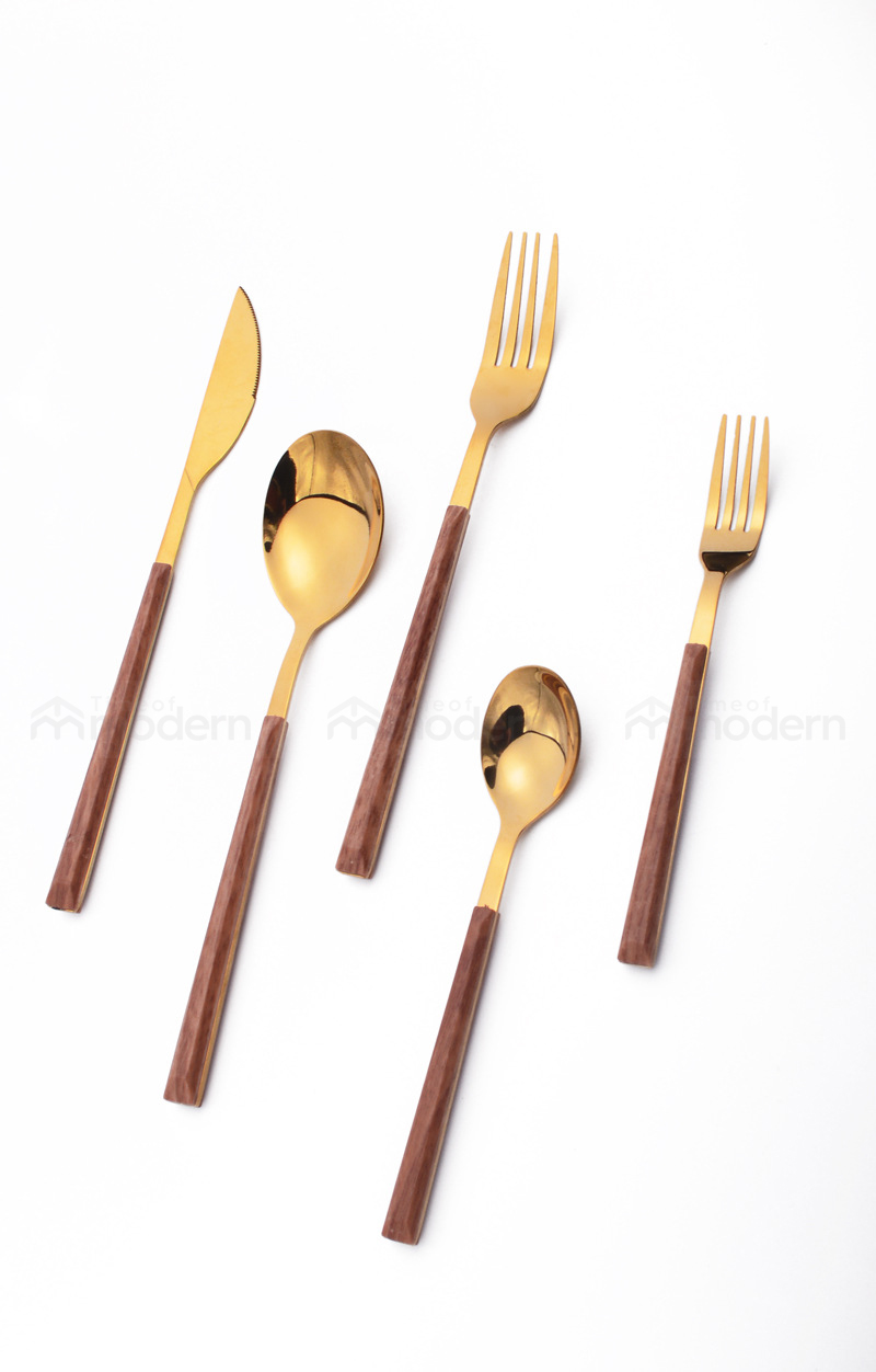 Stainless Steel Silver Gold Fork, Spoon, Knife Flatware Set of 5 Imitation Wood Handle (1).jpg