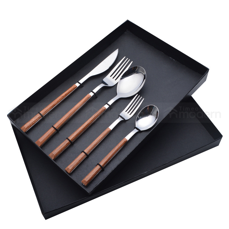Stainless Steel Silver Gold Fork, Spoon, Knife Flatware Set of 5 Imitation Wood Handle (26).jpg