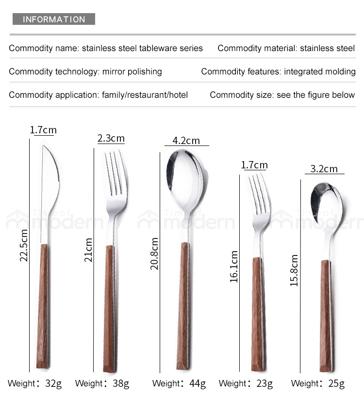 Stainless Steel Silver Gold Fork, Spoon, Knife Flatware Set of 5 Imitation Wood Handle (13).jpg