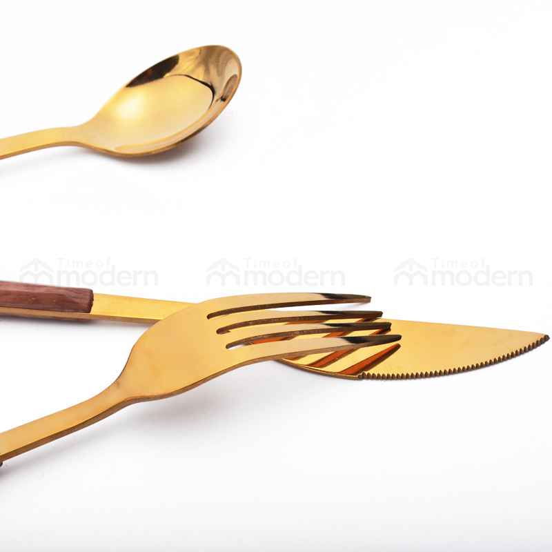 Stainless Steel Silver Gold Fork, Spoon, Knife Flatware Set of 5 Imitation Wood Handle (5).jpg
