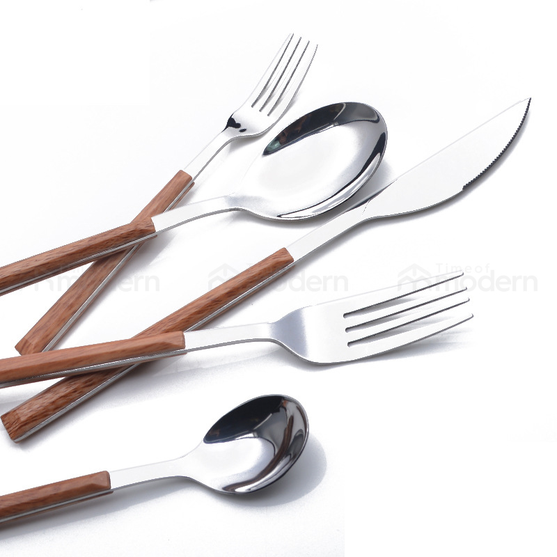 Stainless Steel Silver Gold Fork, Spoon, Knife Flatware Set of 5 Imitation Wood Handle (14).jpg