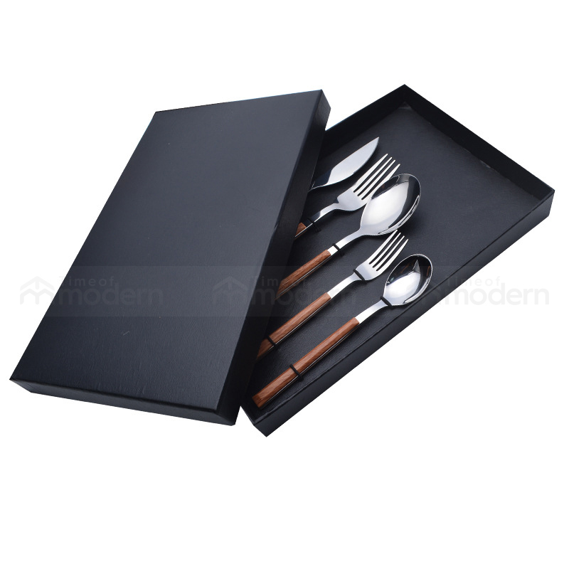 Stainless Steel Silver Gold Fork, Spoon, Knife Flatware Set of 5 Imitation Wood Handle (11).jpg